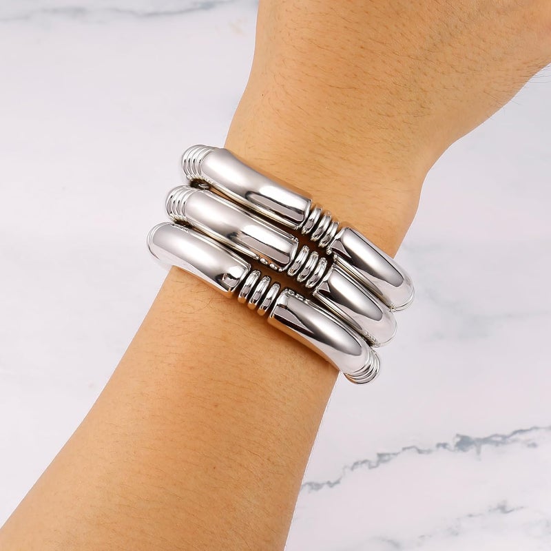 Badu Gold Chunky Bangles Bracelets For Women 14k Gold Plated Stack Layered Curved Bamboo Tube Stretch Bracelets Gift Jewelry - Image 3